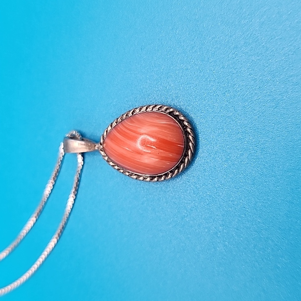 Sterling  Silver Pendant with light coral colored gem and Necklace